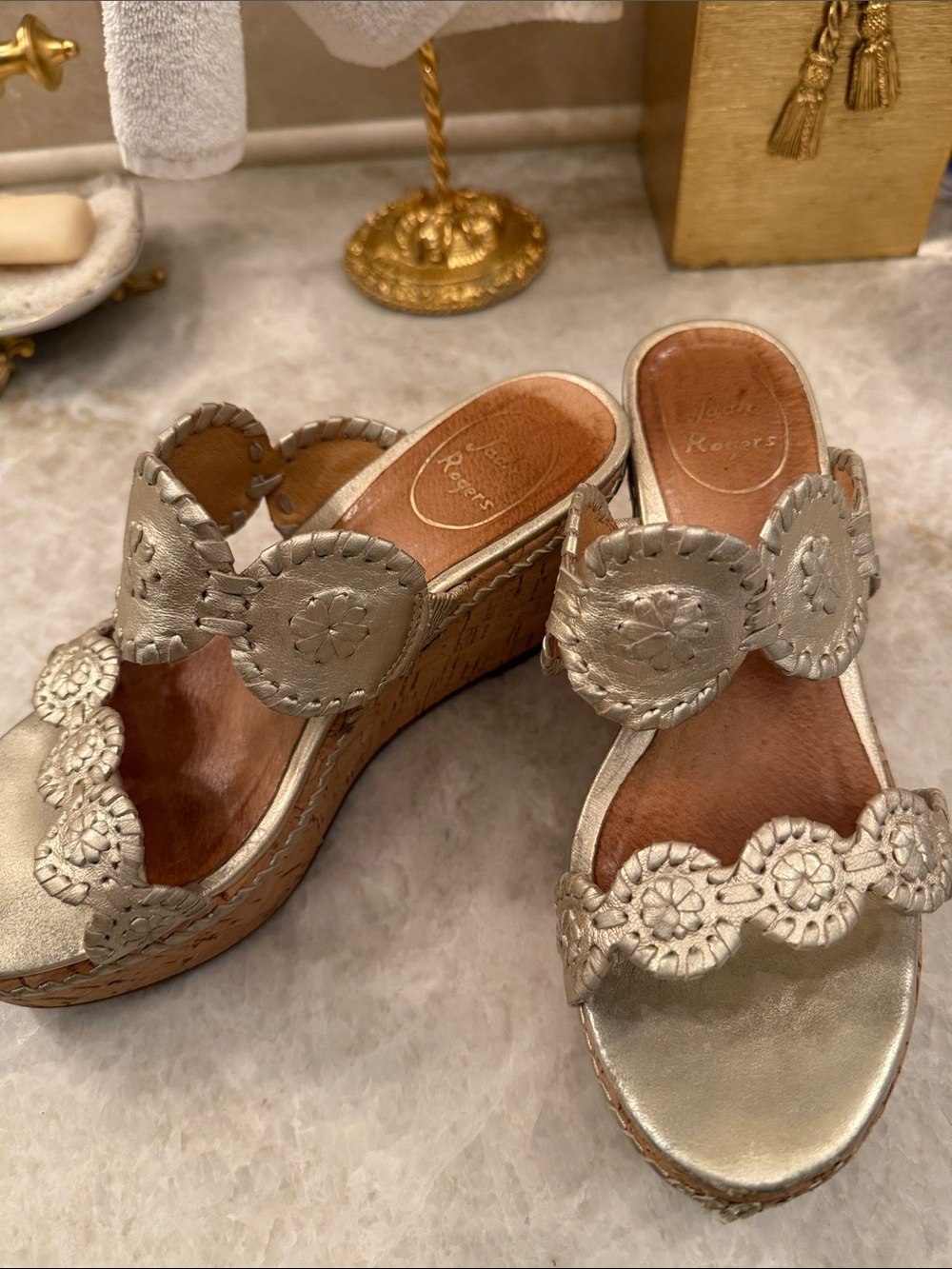 JACK ROGERS Wedge Slide Sandals in Metallic Gold